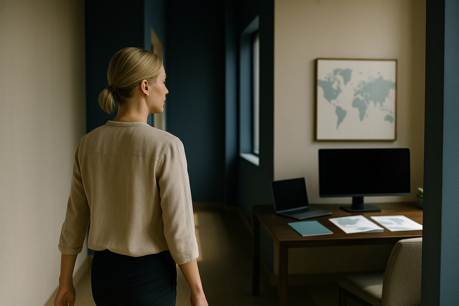 An executive workspace for medical tourism marketing with computers, brochures, and a world map.