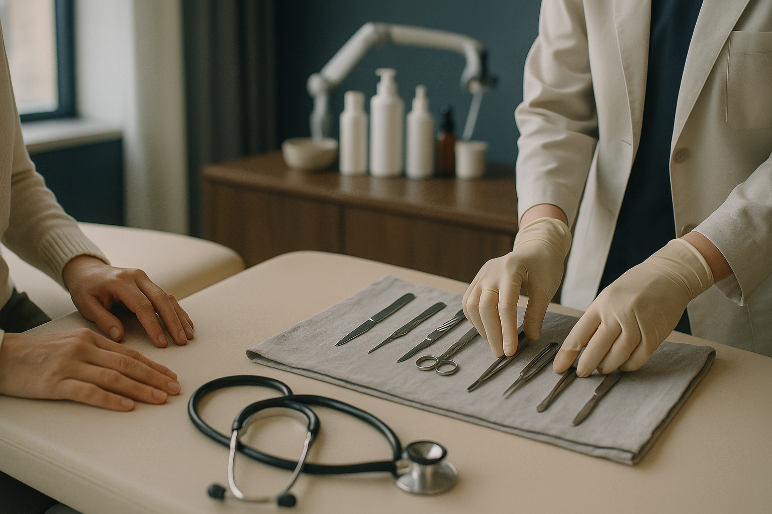 A patient discusses turkey neck treatments with a dermatologist in a clinic.