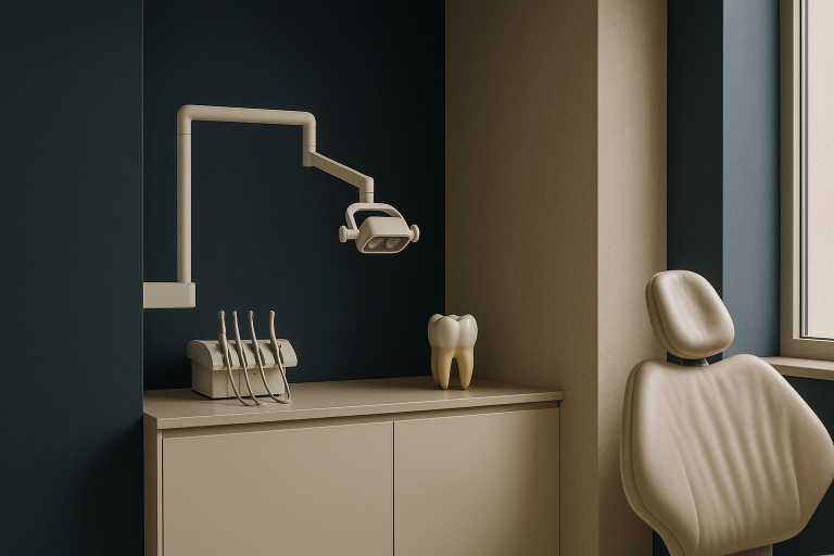 Dentist examining a patient's zirconia crown before and after transformation in a modern dental clinic.