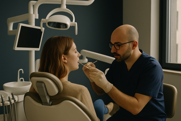 A dentist in Istanbul examining a patient's teeth for zirconium crowns, with modern dental equipment visible.