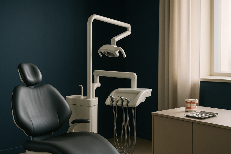A dentist explaining the All-on-4 dental technique in a modern clinic setting.