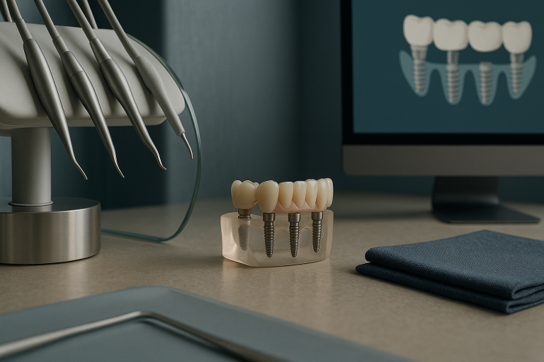 Dentist explaining All-on-4 bridge in a modern dental clinic.