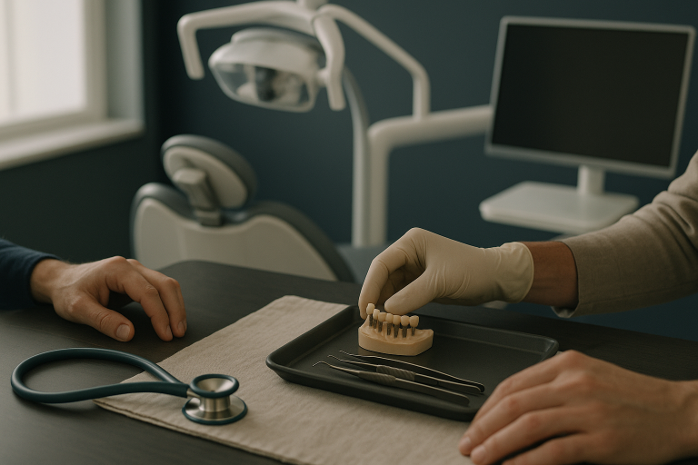 Dental consultation on All-on-4 dental implants in a modern clinic setting.