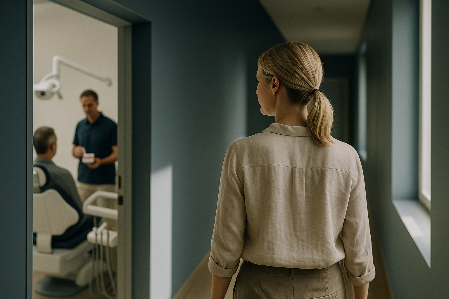 Dentist in a modern clinic explaining the All-on-4 dental system to a patient.