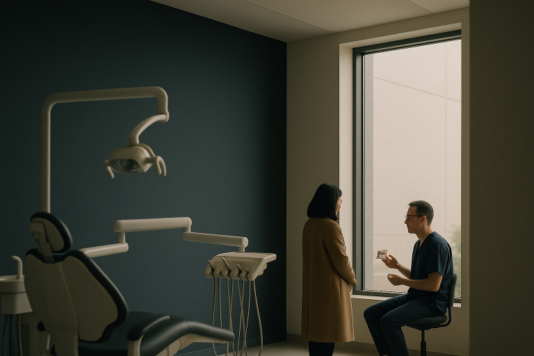 Dentist in a clinic explaining all on 4 implants to a patient.