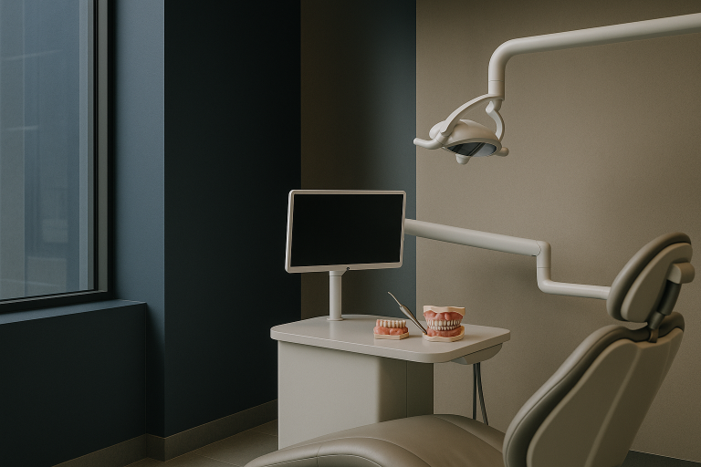 Dentist demonstrating all-on-4 dental implants in a modern clinic setting.