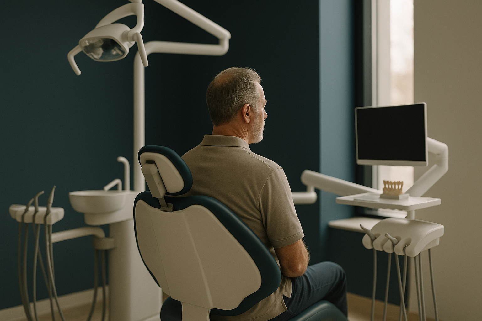A dentist explaining all-on-four dental solutions in a modern clinic setting.