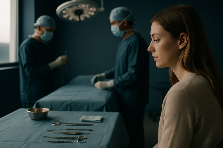 Operating theatre set up for almond eye surgery with surgical instruments and surgeons in sterile attire.