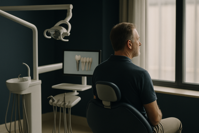 A dentist consulting a patient about the average cost of dental implants in a modern clinic.