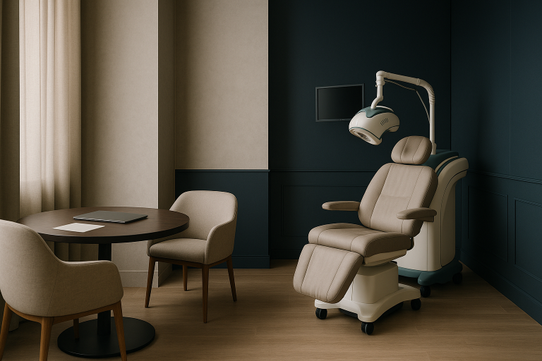 Modern hair restoration clinic with consultation area, illustrating beard transplant price discussion.