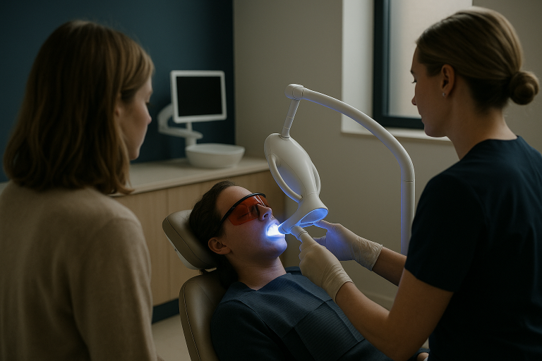 Before and after dentist teeth whitening procedure in a modern dental clinic.