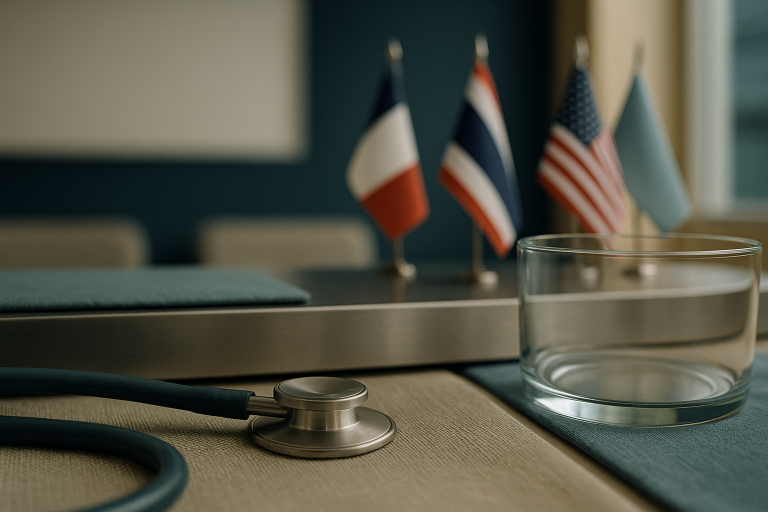 Modern hospital reception in Thailand, showcasing a medical tourism-friendly environment with international flags.
