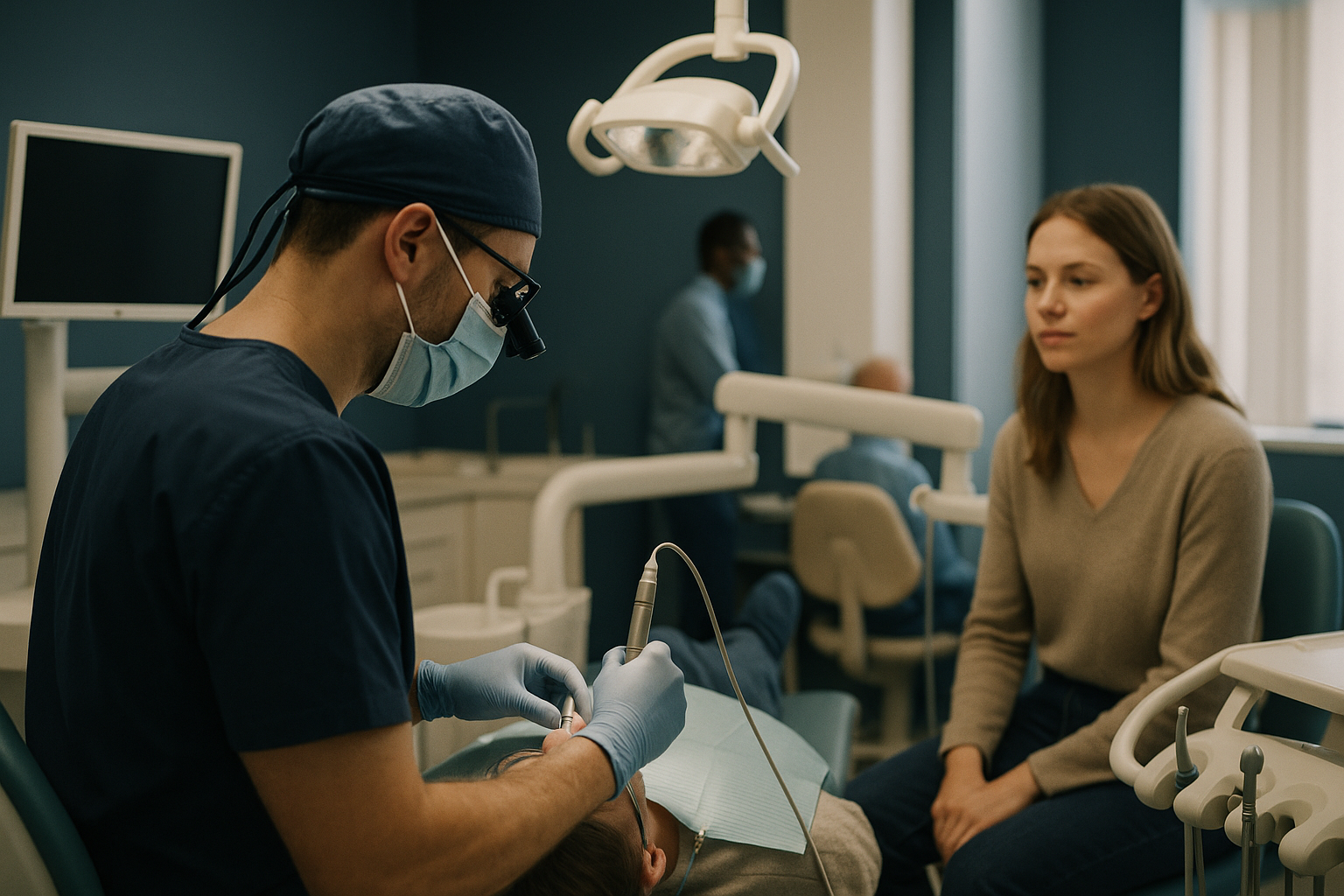 Modern dental clinic scene with dentist performing implant procedure, highlighting best country for dental implants.