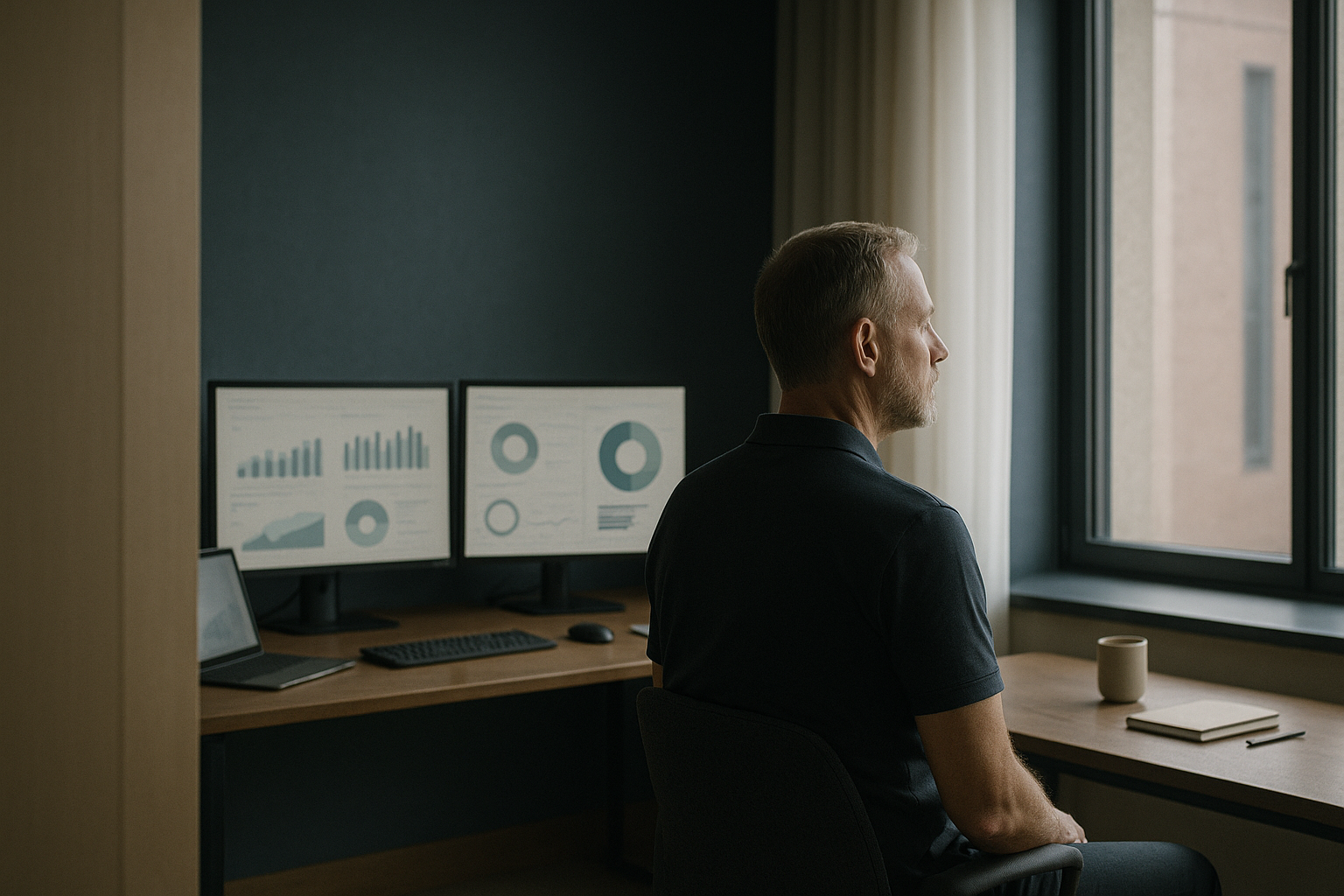 Executive workspace showing digital marketing platforms for pharmaceutical lead generation.