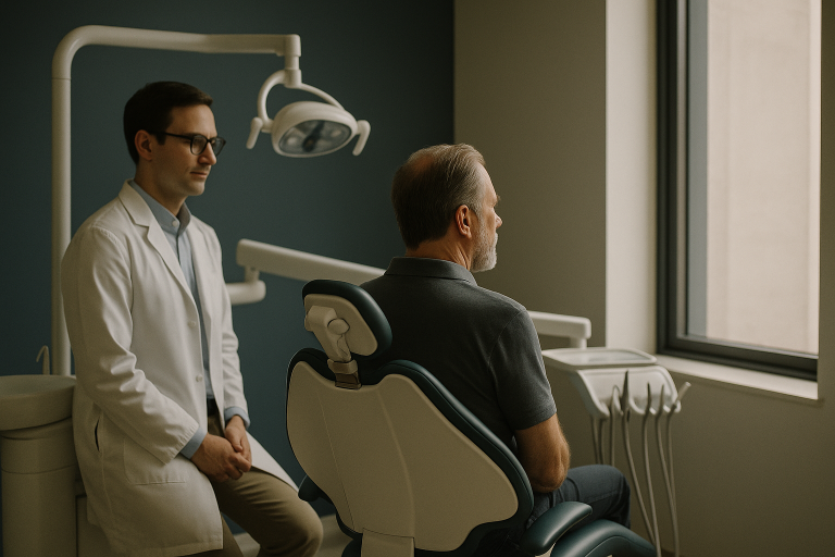 International patient receiving dental implant consultation in a modern clinic, best place to get dental implants.