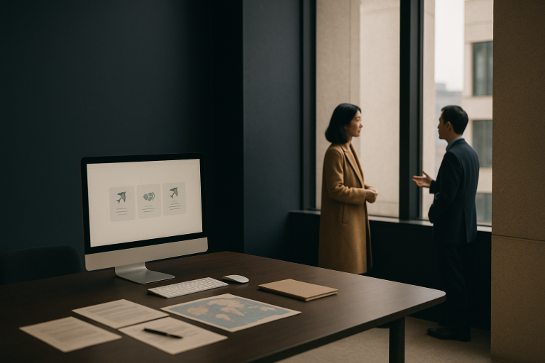 Executive workspace with best travel insurance international options displayed on screen.