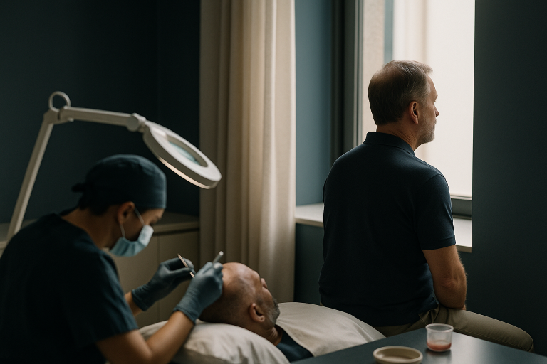 Specialist performing a black hair transplant in a clinic, focusing on precise hair follicle placement for black hair.