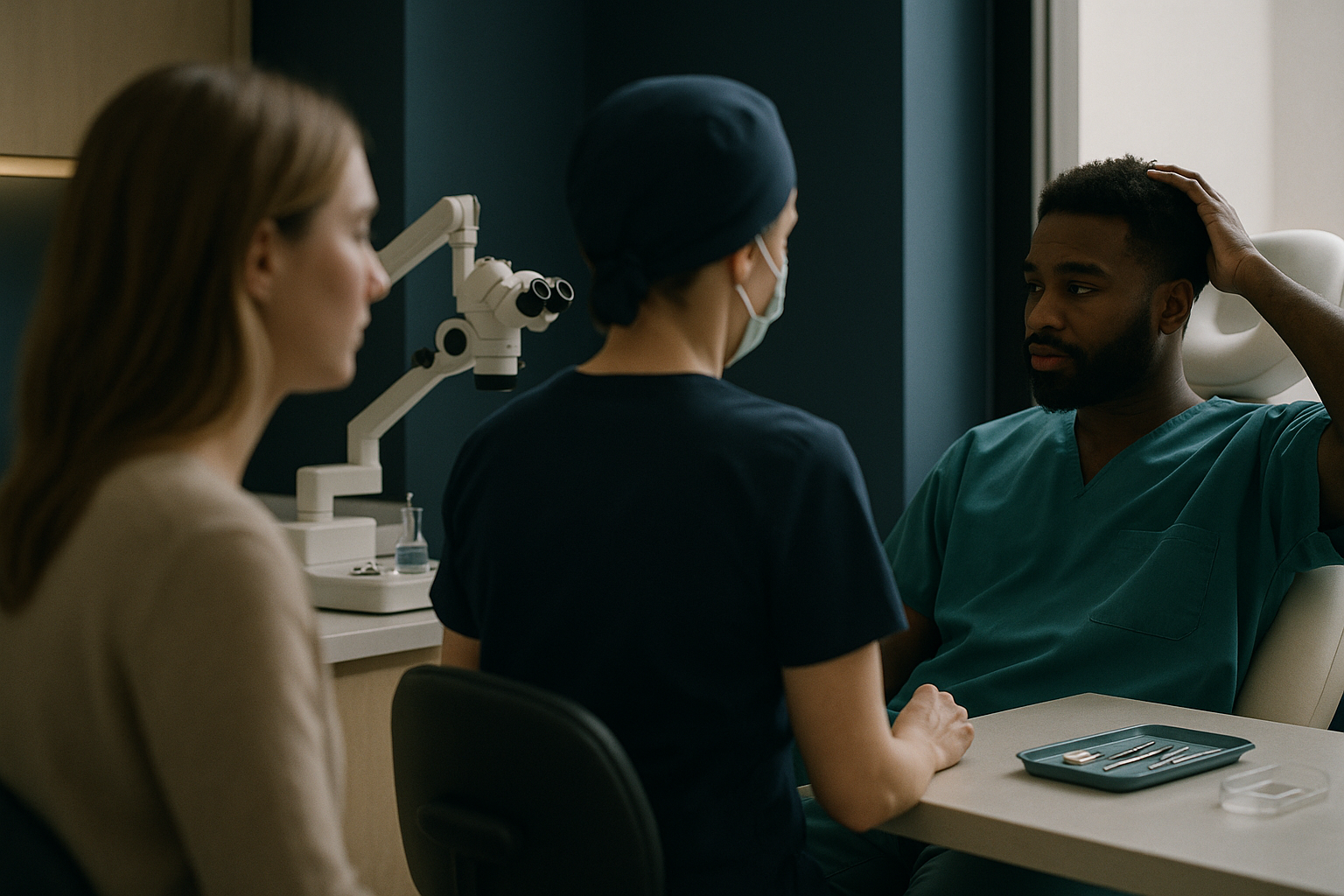 Hair transplant procedure for black patients in a modern clinic, focusing on unique hair textures.