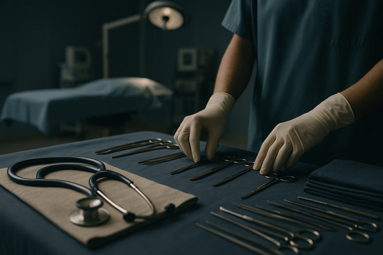 Operating theatre in Turkey prepared for breast lift surgery with modern equipment and surgeons.