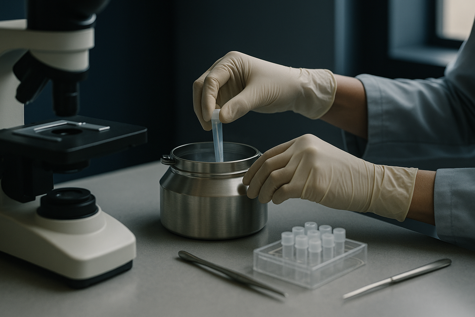 A fertility specialist in a lab using advanced equipment to handle frozen eggs for IVF treatments.
