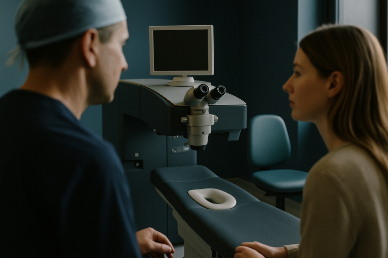 Modern LASIK surgery room with advanced laser equipment, illustrating the setup used for eye procedures.