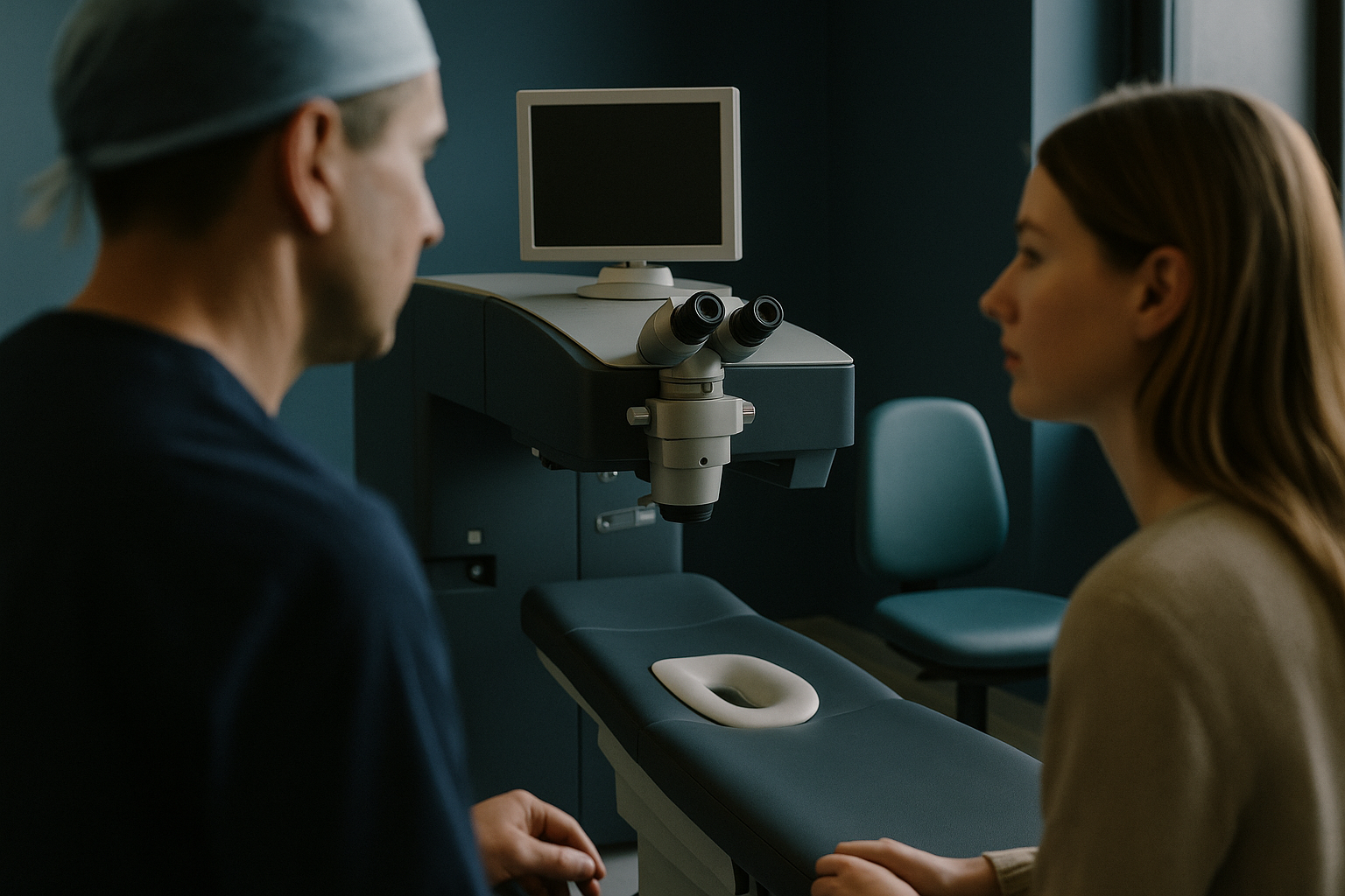 Modern LASIK surgery room with advanced laser equipment, illustrating the setup used for eye procedures.