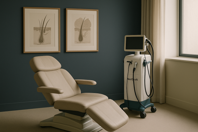 Consultation room in a hair transplant clinic with NeoGraft equipment and Afro hair diagrams.