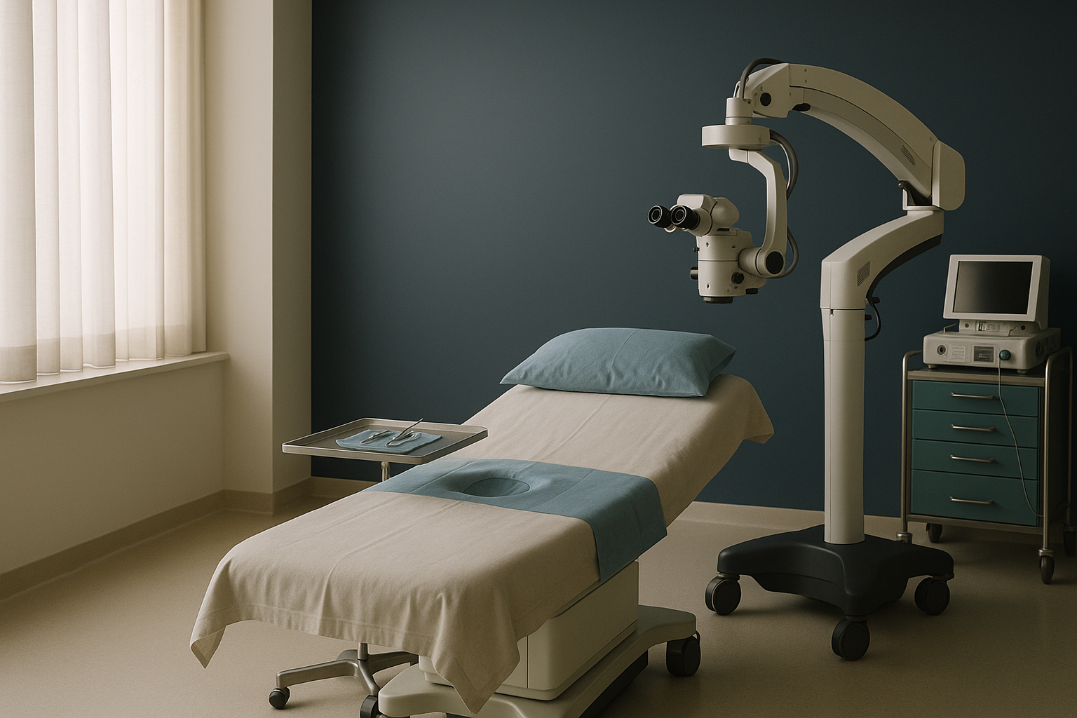 Operating theatre prepared for canthal tilt surgery, with precision instruments and sterile environment.