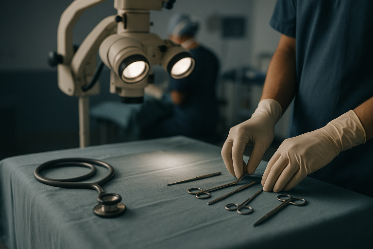 Operating theatre prepared for canthoplasty surgery, showcasing surgical instruments and equipment.