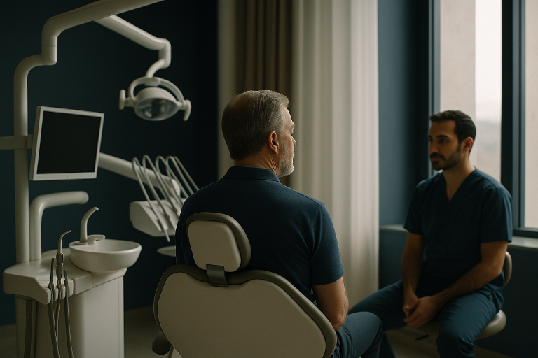 Cosmetic dentistry Turkey: modern dental clinic with dentist and international patient.