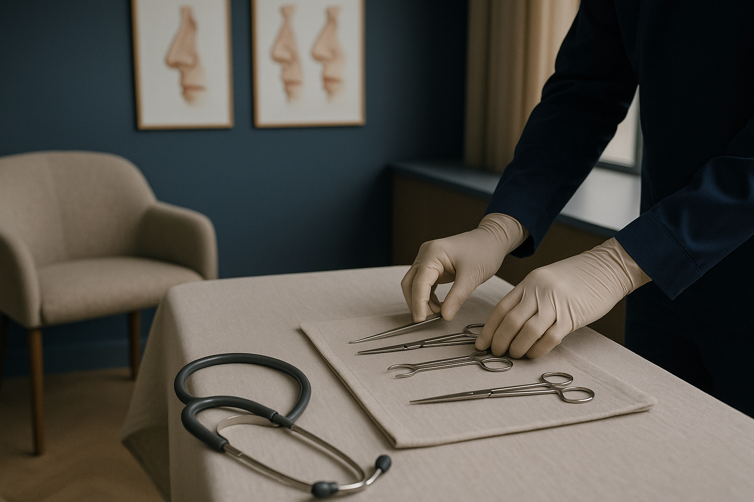 Consultation room for nose reshaping surgery, displaying nasal structure diagrams and a surgeon advising a patient.