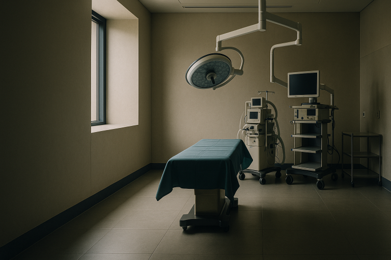 Operating theatre prepared for sleeve gastrectomy surgery with surgical equipment and medical staff.