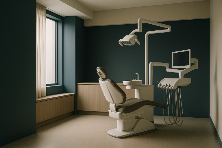 Dental clinic with dentist examining patient, focusing on the cost of veneers dental.