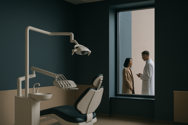 Cost of veneers discussed in a modern dental clinic with a dentist and veneers display.