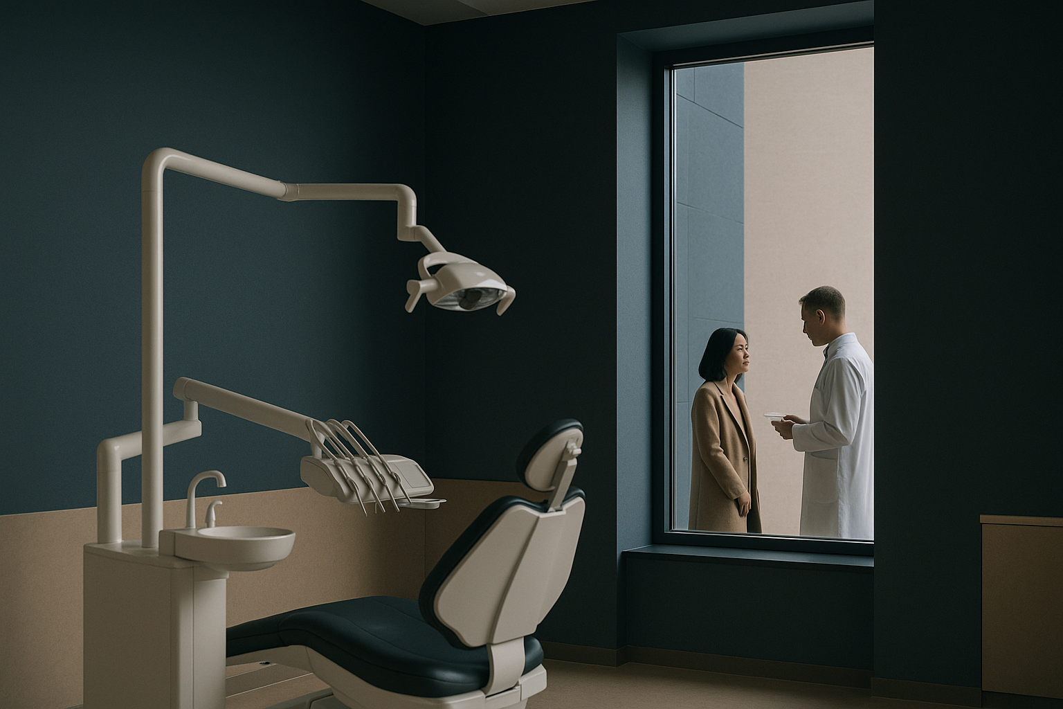 Cost of veneers discussed in a modern dental clinic with a dentist and veneers display.