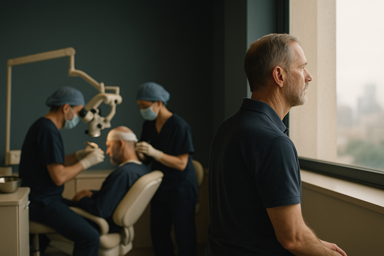 Crown hair transplant procedure in a modern clinic setting with medical professionals.