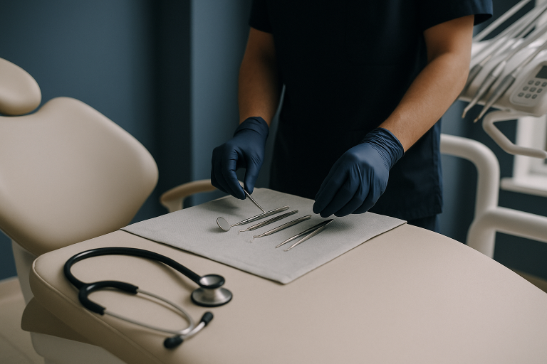 Dental care in Turkey: A modern dental clinic with advanced equipment and a dentist preparing for a procedure.
