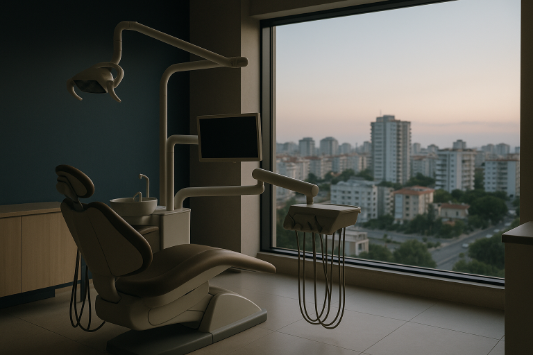Dental clinic in Antalya with advanced equipment and city view.