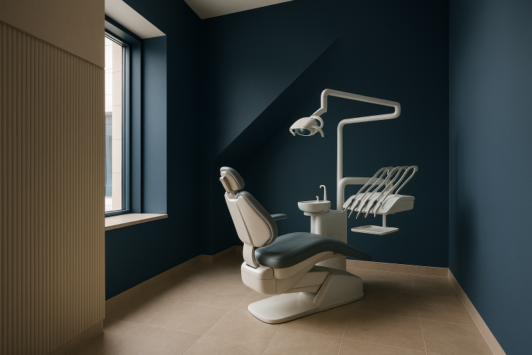Dentist applying dental composite veneers in a modern dental clinic