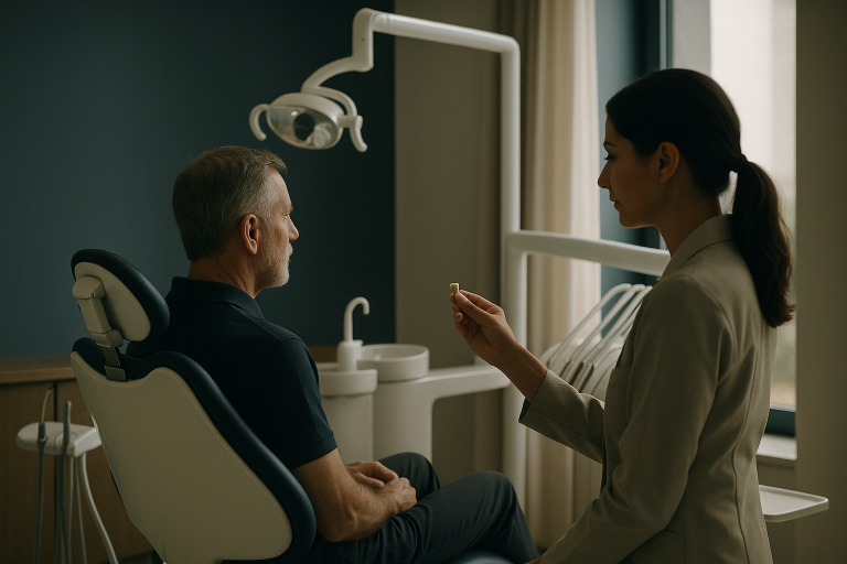 Dentist explaining dental crowns in Turkey to a patient in a modern clinic.