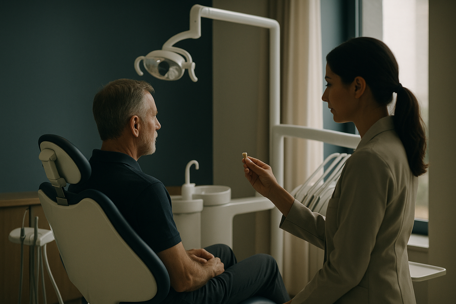 Dentist explaining dental crowns in Turkey to a patient in a modern clinic.