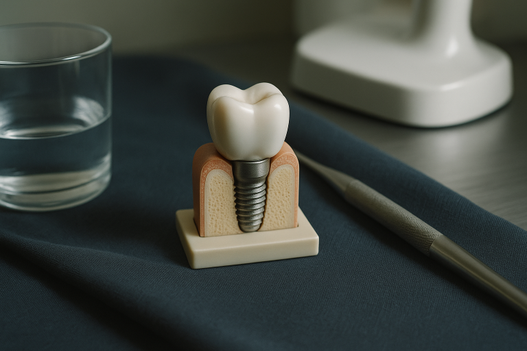 Dentist explaining dental implant cost options to a patient in a modern clinic setting.
