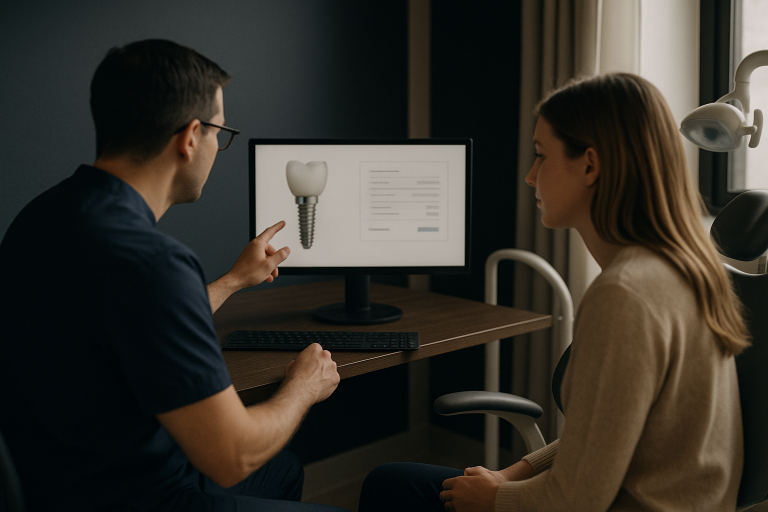 A dentist and patient using a dental implants cost calculator in a modern clinic.