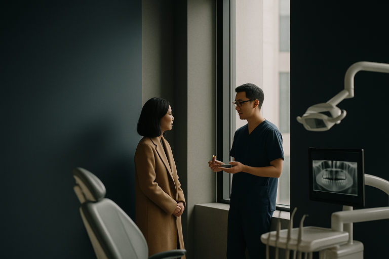 Dental implants prices discussion in a modern dental clinic.