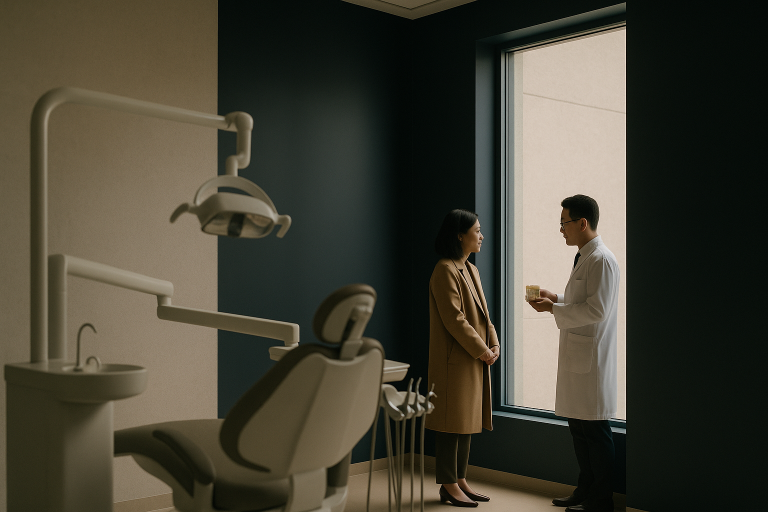 Dentist consulting a patient in a modern dental clinic about dental implants provider options.