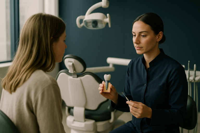 Dental implants USA procedure in modern clinic with dental chair and equipment.