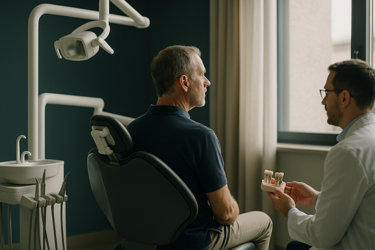 A dentist in a clinic discussing dental insurance that covers implants with a patient.