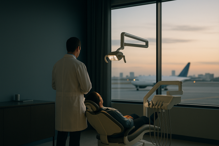 Modern dental clinic in Turkey with dentist and patient, illustrating dentistry in Turkey.