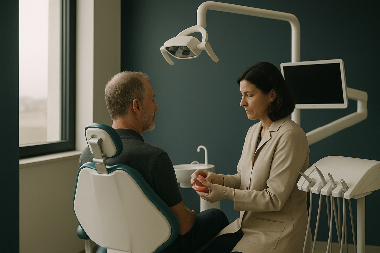 A dentist fitting denture implants on a patient in a modern clinic.