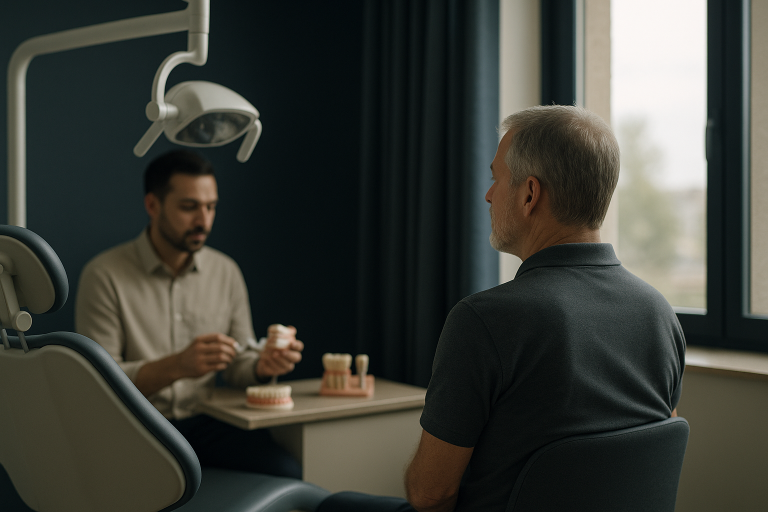 Dentist explaining dentures and implants options to a patient in a dental clinic.